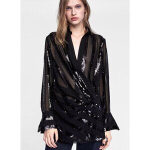 Zara Black Draped Sequin Wrap Long Sleeve Blouse S